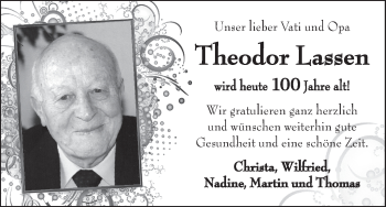 Glückwunschanzeige von Theodor Lassen von WESER-KURIER