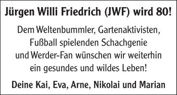 Glückwunschanzeige von Jürgen Willi Friedrich von WESER-KURIER