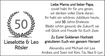 Glückwunschanzeige von Lieselotte und Leo Rösler von WESER-KURIER