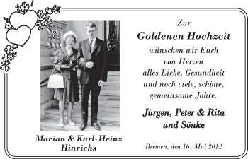 Glückwunschanzeige von Marion und Karl-Heinz Hinrichs von WESER-KURIER