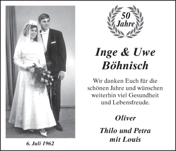 Glückwunschanzeige von Inge und Uwe Böhnisch von WESER-KURIER