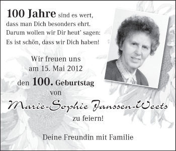 Glückwunschanzeige von Marie-Sophie Janssen-Weets von WESER-KURIER