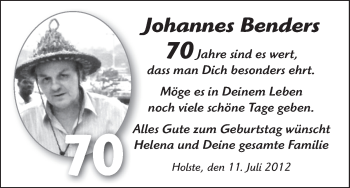 Glückwunschanzeige von Johannes Benders von WESER-KURIER