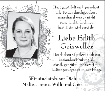 Glückwunschanzeige von Edith Geisweller von WESER-KURIER