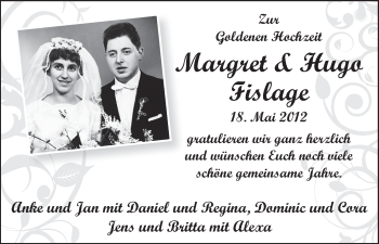Glückwunschanzeige von Margret und Hugo Fislage von WESER-KURIER