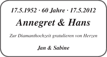 Glückwunschanzeige von Annegret und Hans  von WESER-KURIER
