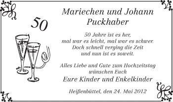 Glückwunschanzeige von Mariechen und Johann Puckhaber von WESER-KURIER