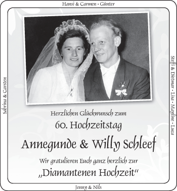 Glückwunschanzeige von Annegunde und Willy Schleef von WESER-KURIER