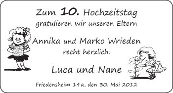 Glückwunschanzeige von Annika und Marko Wrieden von WESER-KURIER