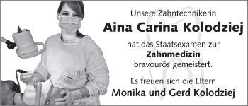 Glückwunschanzeige von Aina Carina Kolodziej von WESER-KURIER