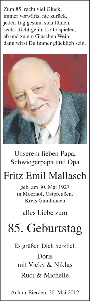Glückwunschanzeige von Fritz Emil Mallasch von WESER-KURIER