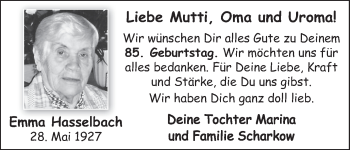 Glückwunschanzeige von Emma Hasselbach von WESER-KURIER