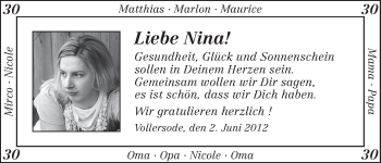 Glückwunschanzeige von NIna  von WESER-KURIER