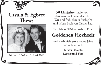 Glückwunschanzeige von Ursula und Egbert Thews von WESER-KURIER