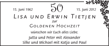 Glückwunschanzeige von Lisa und Erwin Tietjen von WESER-KURIER