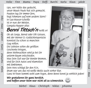 Glückwunschanzeige von Benni Tietjen von WESER-KURIER