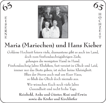 Glückwunschanzeige von Maria und Hans Kieber von WESER-KURIER