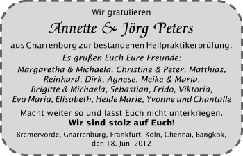 Glückwunschanzeige von Annette und Jörg Peters von WESER-KURIER