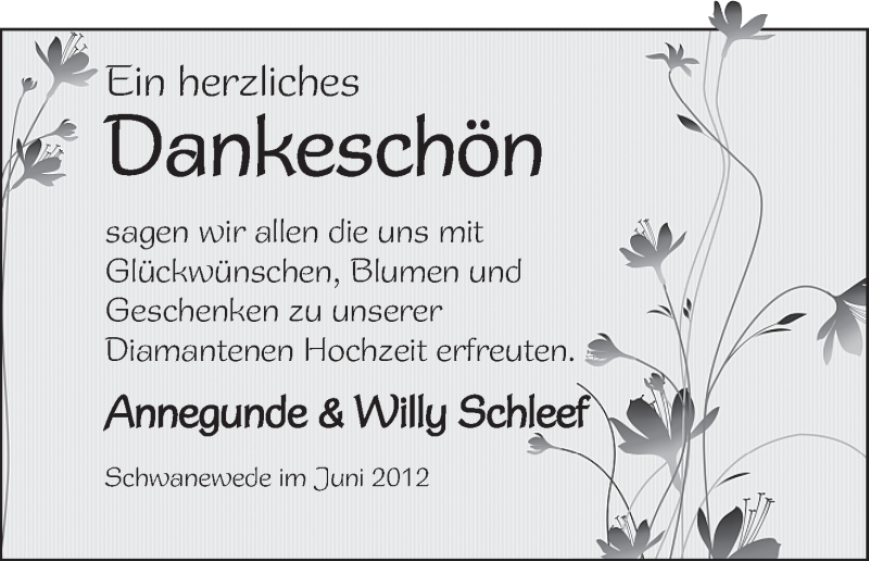 Anzeige für Annegunde und Willy Schleef vom 23.06.2012 aus WESER-KURIER