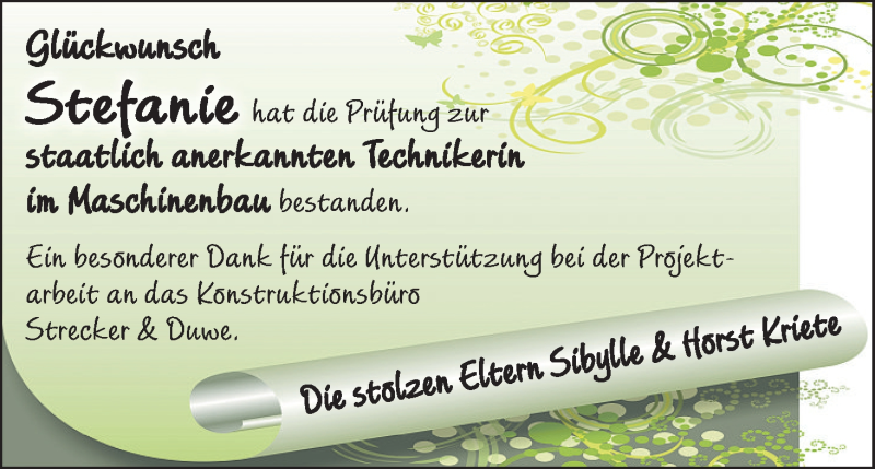 Anzeige für Stefanie  vom 23.06.2012 aus WESER-KURIER