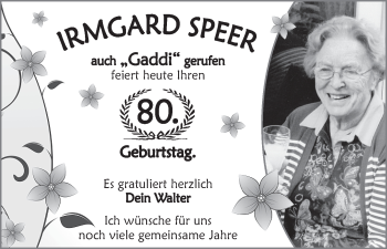 Glückwunschanzeige von Irmgard Speer von WESER-KURIER