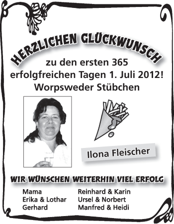 Glückwunschanzeige von Ilona Fleischer von WESER-KURIER