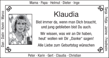 Glückwunschanzeige von Klaudia  von WESER-KURIER