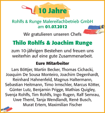 Glückwunschanzeige von 10 Jahre Malereifachbetrieb  von WESER-KURIER