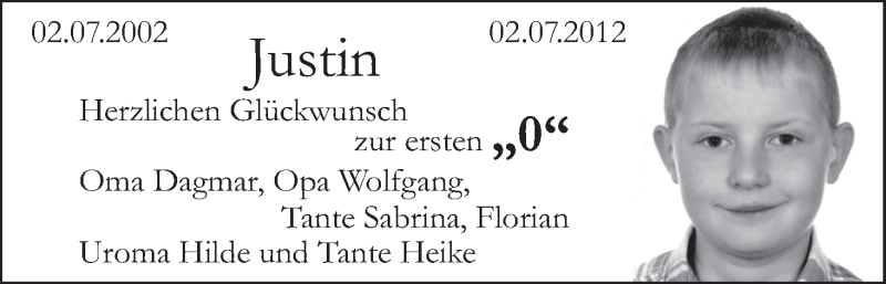 Anzeige für Justin  vom 02.07.2012 aus WESER-KURIER