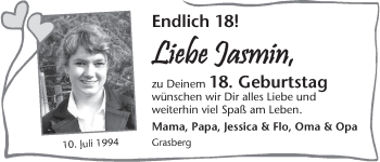 Glückwunschanzeige von Jasmin  von WESER-KURIER