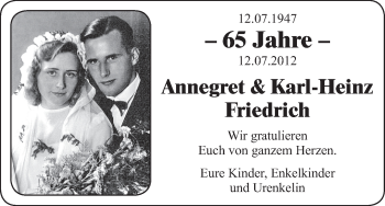 Glückwunschanzeige von Annemarie und Karl-Heinz Friedrich von WESER-KURIER