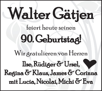Glückwunschanzeige von Walter Gätjen von WESER-KURIER