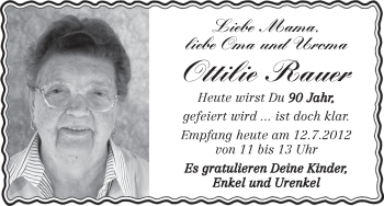 Glückwunschanzeige von Ottilie Rauer von WESER-KURIER