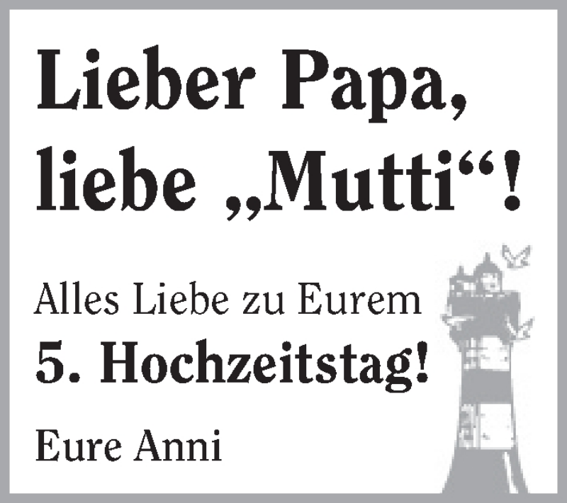 Anzeige für 5. Hochzeitstag  vom 14.07.2012 aus WESER-KURIER