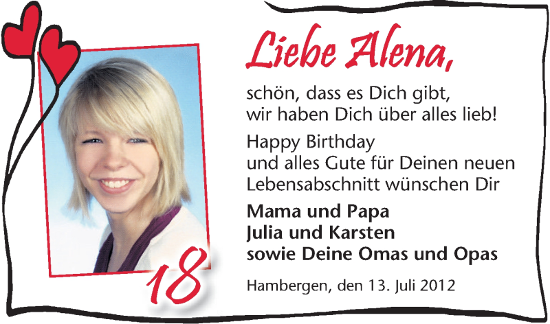Anzeige für Alena  vom 13.07.2012 aus WESER-KURIER