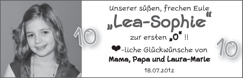Anzeige für Lea-Sophie  vom 18.07.2012 aus WESER-KURIER