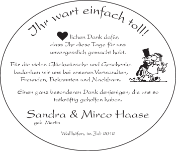 Glückwunschanzeige von Sandra und Mirco Haase von WESER-KURIER