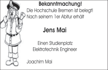 Glückwunschanzeige von Jens Mai von WESER-KURIER