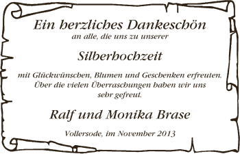 Glückwunschanzeige von Ralf und Monika Brase von BTAG