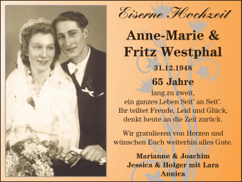 Glückwunschanzeige von Anne-Marie und Fritz Westphal von BTAG