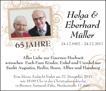 Glückwunschanzeige von Helga und Eberhard Müller von Die Norddeutsche