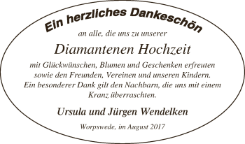 Glückwunschanzeige von Ursula und Jürgen Wendelken von Wuemme Zeitung