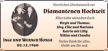 Glückwunschanzeige von Inge und Werner Honsa von WESER-KURIER