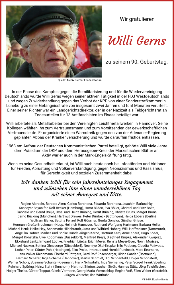 Anzeige für Willi Gerns vom 13.12.2020 aus WESER-KURIER