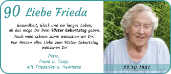 Glückwunschanzeige von Frieda Themsen von Die Norddeutsche