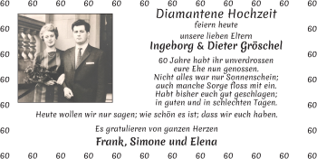 Glückwunschanzeige von Ingeborg und Dieter Gröschel von WESER-KURIER