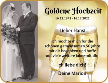 Glückwunschanzeige von Hansi und Marion Schulz von WESER-KURIER