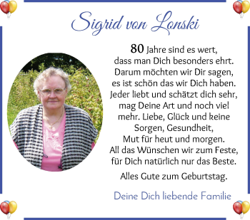 Glückwunschanzeige von Sigrid von Lonski von Die Norddeutsche