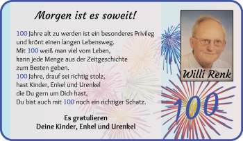 Glückwunschanzeige von Willi Renk von Die Norddeutsche