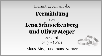 Glückwunschanzeige von Lena und Oliver Schnackenberg und Meyer von Wuemme Zeitung